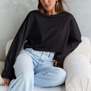 Cropped Oversized Crewneck Sweater Long Sleeve Black New